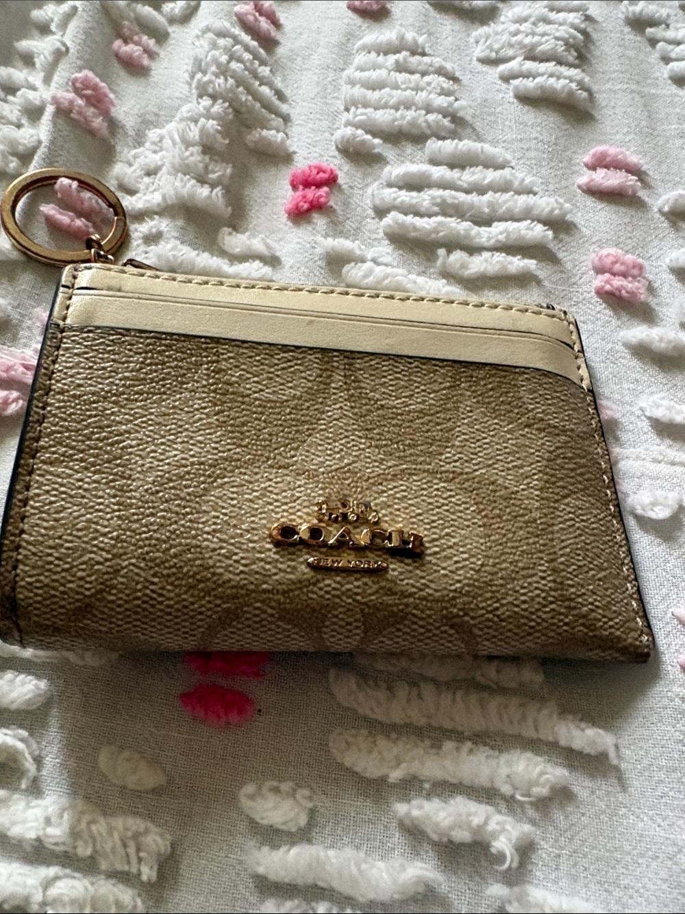 Coach Khaki and Cream Signature Card Case with Gold Keyring